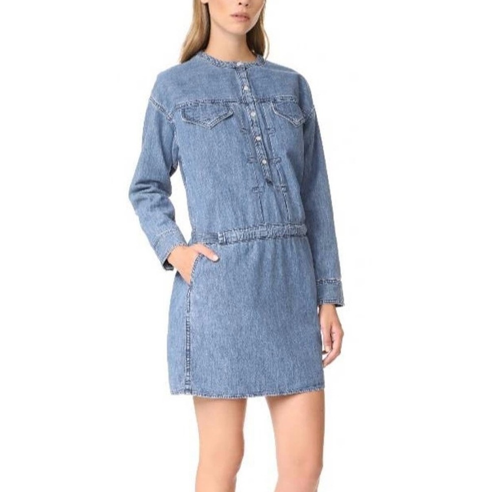 Rag & Bone Pearl Snap Button Front Blue Denim Belted Shirt Dress Size Medium
